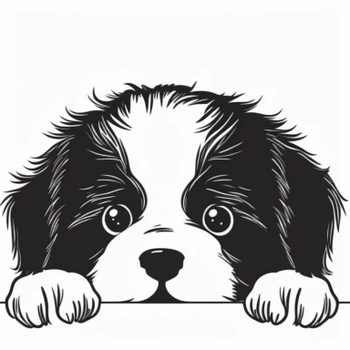 simple outline of a front facing Newfoundland puppy head peeking with front paws, cute, clipart, flat 2d vector, minimalist, black and white, kids cartoon, svg cut file, line art drawing