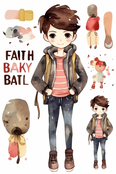 clipart set illustration, fashion boy with dark hair, back to school watercolor clipart, full body, Cute kawaii sticker