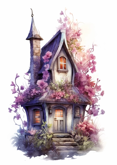 A realistic high detailed fairytale style attic corner with watercolor effect,suitable for digital clipart,white background,magical flowers,magical scene,fairy vibrant colors,pink,purple,lavender,