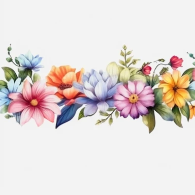 watercolor, Horizontal white banner or floral backdrop decorated with gorgeous multicolored blooming flowers and leaves border. Spring botanical png Full body realistic cartoon in 32K UHD cute. 15 cm thick outline. Black color. There was no shadow on the ground. 8k with realistic watercolors and detailed illustrations. PNG clipart, transparent white background