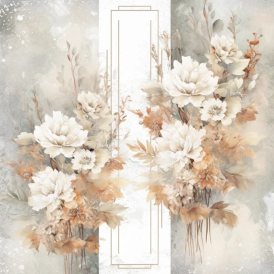 scrapbook paper template, intricate three small bouquets of white floral watercolor clipart on the borders on paper, luxurious textures, nature-inspired pieces, very high resolution