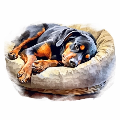 watercolor clipart image, rotteweiler sleeping in dog bed, white background