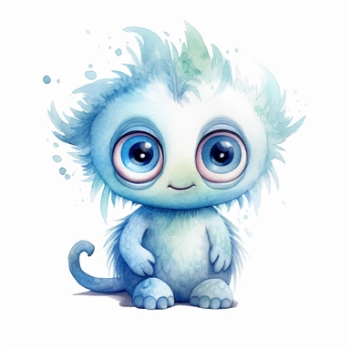 watercolour illustration, cute baby monster, big eyes, smiling, pastel, pale blue, aquarrellist, clipart, isolated, white background,