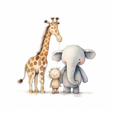 watercolor and pencil drawing of an an anthropomorphic baby elephant and giraffe, ​friends, happy, gentle smile, beautiful watercolor ink wash coloring, thick pencil lines, Jon klassen, beatrix potter, popular on etsy, watercolor illustrations clipart, watercolor illlustrations for kids and children, plain white background