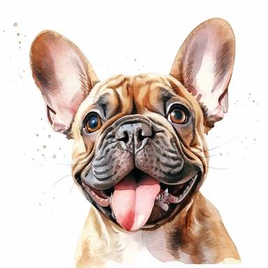 french bulldog puppy tongue out, watercolor illustration, clipart, head, hyper-realistic animal illustration, childlike, free brushwork, white background