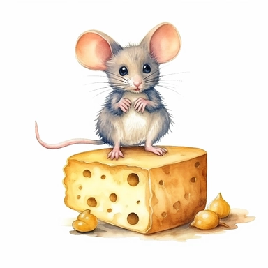 a cute mouse sitting on a cheese, full body, pencil and watercolor clipart style, cartoon style, super high quality, high resolution, isolated white background, 8k