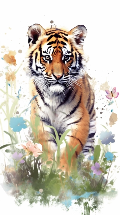 A tiger small baby cub standing amidst a field of wildflowers, with the wind blowing through its fur, exuding strength and courage, Watercolor clipart with bold brushstrokes and vibrant colors, emphasizing the tiger's majestic presence, watercolor clipart, white background