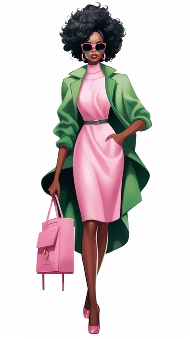 Faceless clipart, Boss girl clipart, Fashion illustration, African American clipart, Look Clipart, Fashion clipart, Black woman clipart, pink and green toned, royal, cartoon, painting