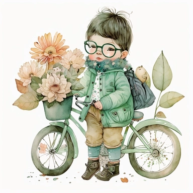 watercolor, very cute little child in a pastel green coat with lots of pockets, vintage aviator glasses, baby orange trousers holding a little vintage toy, on a vintage bicycle, sorounded by big lotus flowers with long stem, clipart, white background