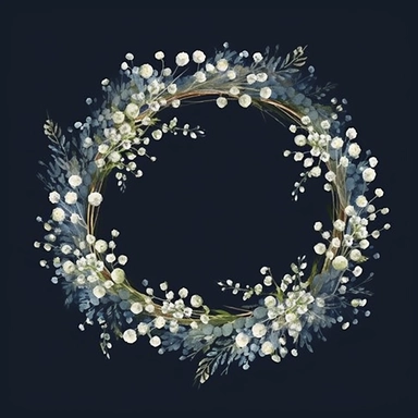 framed by thin border, wide view, central composition, fit in shot, full length, uncropped ,watercolor baby's breath wreathes, clipart, vector, dark background
