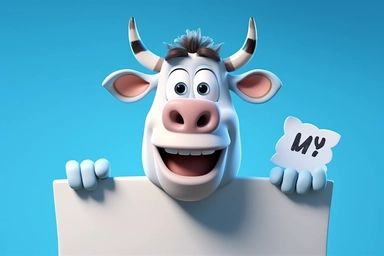 character cartoon cow with banner in clipart 3d image, in the style of unreal engine 5, natalia rak, movie still, matte photo, lightbox, relief, white and cyan
