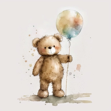 Watercolor brown fluffy jointed plain Teddy Bear standing and holding a balloon on a stick, clipart, happy, white back ground, no captions or text