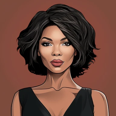 a stunning African American beauty in her mid-thirties, with a striking resemblance to actress Gabrielle Union. She has a chic bob hair cut that frames her face perfectly and highlights her strong, feminine features. Standing at an impressive height, she has a tall and curvy figure that oozes confidence and sex appeal, clipart