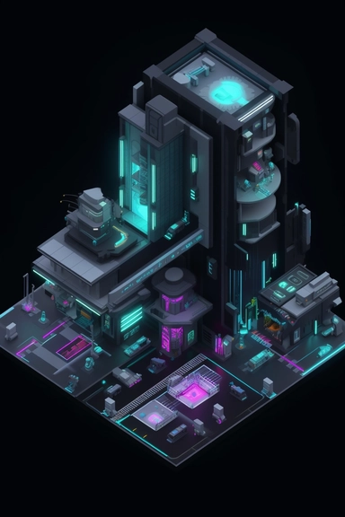 isometric perspective, game sprite, futuristic random public building concept, gaming asset, sci-fi, fun, creative, cartoon, clipart, hyper-detailed, black background,