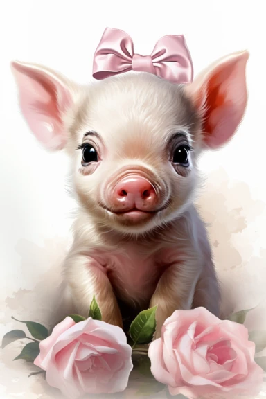 a baby pig with pink bow, clipart, white background