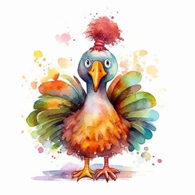 watercolor cute turkey cliparts, 4k, Splashes of color, Pencil sketch style, ((whimsical story book style)), (style of peter de seve)