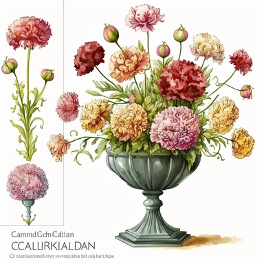 centered to frame watercolor clipart of Carnation topiary: A decorative arrangement of carnations arranged on a tall stem or frame, shaped into a ball or cone, by carolyn blish, isolated on white background