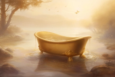 realistic clipart gold bathtub in foggy enchanted seaside, digital painting