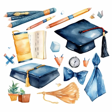 watercolor graduation related scenes, illustrations clipart set, simple, , cartoon elements ,different variants , school and classroom elements, graduate, graduation gown and capdiploma, separate elements with a margin, ,4k, high resolution
