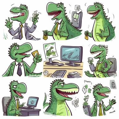 Design a clipart set that depicts a dinosaur excitedly doing office work in a cubicle while wearing a suit. Add images of the dinosaur typing on a computer, filling out paperwork, on the phone, or writing with a pen. Include his expressions and body language showing excitement, interest, and engagement in his work. Make sure the environment looks mundane, including his desk, office equipment, and other elements related to regular office space, with an unusual setup of a dinosaur as the employee.