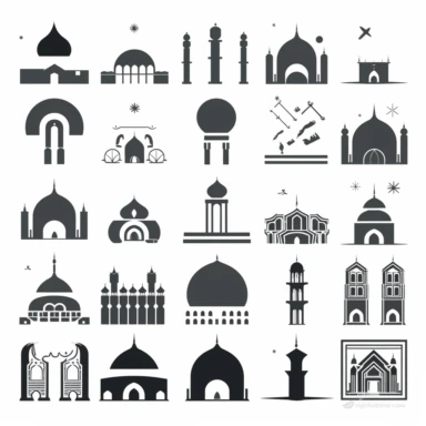 islamic multiple symbols and things like mosque, book, dome, and many, clean cut, for clipart, simple