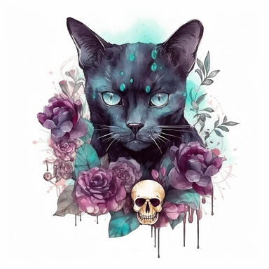 hand drawn black cat, sitting with front paw resting on a skull, flowers and crystals, shades of burgundy purple and teal, romantic and edgy, very detailed and realistic, watercolor, clipart style