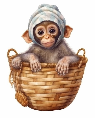 detailed watercolor Baby Monkey on a basket with cap , hyper realistic, isolated on a white background, clipart
