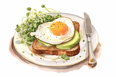 a delightful watercolor, hyper-realistic clipart image with a white background and white margins, showcasing a plate of toast with white cream cheese, sliced ​​avocado and fried egg sprinkled with microgreens. Next to a cup of coffee and cutlery The ultra-detailed, hand-drawn elements capture the golden jolk and tender cheese