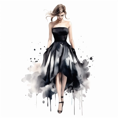 Watercolor full body girl wearing black elegant party dress drawing, illustration clipart, high detailed, white background, digital art