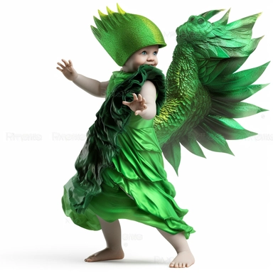 green baby girl Godzilla, looks like an alien, doing high step dance moves, wearing a designer dress made from Phoenix feathers , ultra high fashion, wearing ruby neck scarf, techno lighting, disney cuteness, plain white background, cutout clipart