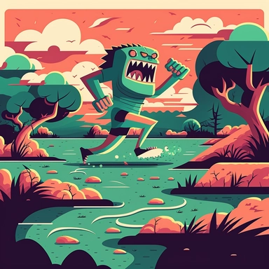 monster running，Stunning Anime Riverine landscape painting, in the style of Paul Klee and Atey Ghailan, Beksinki，Feet wearing hoka running shoes, flat design,illustration, cartoon, vector, sharp focus, super detailed, illustration, 16:9, v4, q2, 16k, High quality, clipart