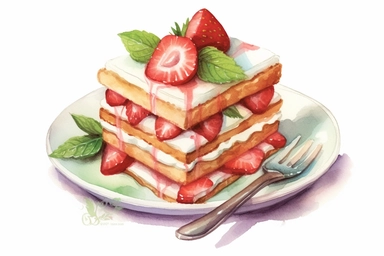 picturesque,a bright simple strawberry sponge cake on dish in family restaurant, mint, clipart on white background, watercolor style,detailing, high quality, painted by Beatrix Potter, 8k