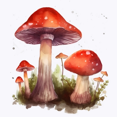 Watercolour Magic Mystical Mushrooms clipart red. One larger mushroom and 2-3 smaller ones growing as a group from the ground. no other mushrooms. a little bit of green plants and leaves around without inclusions or dots or circles