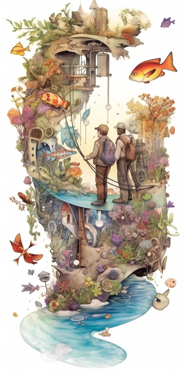a cute close-up-shot of a father and son fishing theme with its own habitats (flowers and plants) made into a heart-shape vintage in watercolor style clipart, use darker tones, higher saturation colors, Banksy artstyle with minimal effects, super creative watercolor, white background