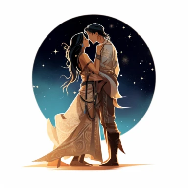 Indigenous bride and Asian groom, sharing a tender kiss under a starlit sky, their love illuminating the night, earthy tones, Pixar style, Clipart on a white background.
