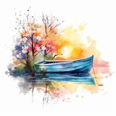 clipart, isolated on white background, Watercolor spring boat in the lake, miricle morning, colorful flowers and branches and leaves, ornated, vivid and vibrant and saturated colors