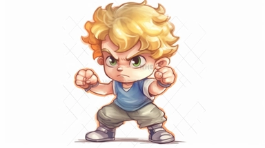 A boy, angry, making a fist: 2, legs, shoes, standing, curly hair, blonde, 5 years old, watercolor clipart, full illustration, 4k, sharp focus, watercolor, smooth soft skin, symmetry, soft lighting, detailed face , concept art, watercolor style, strybk, kids style fairytale, chibi kawaii, . Octane rendering, 3d, perfect face, detailed face, delicate face, perfect sharp lips, detailed eyes. Craig Davison, Aubrey Beardsley, Conrad Roset, Aikut Aidogdu, Agnes Cecil, watercolor style