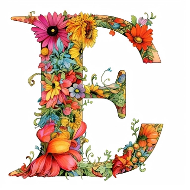 A digital illustration of the flower alphabet clipart for the letter E, featuring a vibrant and whimsical style reminiscent of the works of Beatrix Potter. The letter E is creatively formed by a variety of colorful and intricate flowers, each with its own unique shape and petal arrangement. Against a clean white background, the floral A stands out prominently, exuding a sense of elegance and natural beauty. Soft, diffused lighting ensures that every detail of the flowers is showcased with clarit