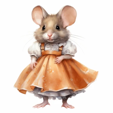 clipart vector image with plain white background of a watercolor painting of an orange mouse standing. Wearing a grey skirt. extremely detailed.