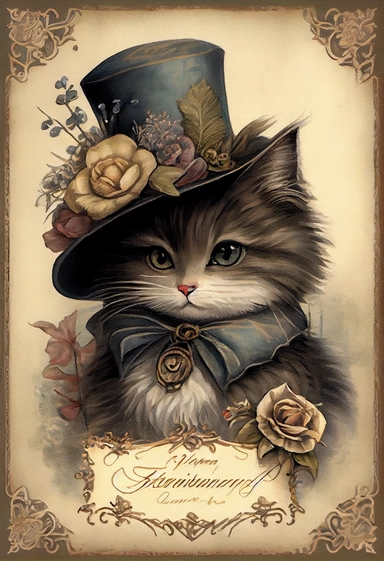 an adorable victorian cat style by [Rebecca Latham + Sarah Stribbling + sumi-e + nicoletta ceccoli], Easter theme, epic scene, dark dark academia watercolor vintage CLIPART, illustration, hyper realistic, intricate detail clipart, watercolor, painterly, Jean-Baptiste Monge, drawing on top of old grunge beautiful scrapbooking background paper, old paper texture, decoupage printable digital background, distressed borders, vintage borders, grunge borders, shabby borders