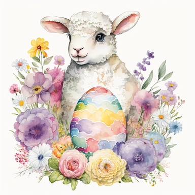 An adorable watercolour Easter baby lamb with big eyes surrounded by flowers and Easter egg clipart, all in pastel colours. A fluffy white lamb sits in the centre of the image, surrounded by a variety of colourful flowers in pink, purple, and yellow hues. The lamb has big, expressive eyes and a small pink nose, and is holding a colourful Easter egg in its mouth. The flowers and Easter eggs scattered around the lamb add to the overall springtime feel of the image. The lamb is situated in a lush m
