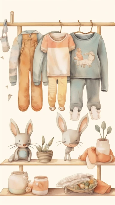 clipart aquarelle, kids baby clothes socks, shirts and and bib hanging in open air, neutral soft colors, minimalistic, adorable, shabby, situated in kids room