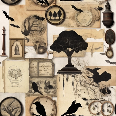158: Create a Halloween-themed clipart bundle featuring vintage gothic elements such as bat silhouettes, spiderwebs, and black cats. The clipart should be in PNG format with transparent backgrounds, and the colors should be dark and moody. Include a set of antique Halloween digital papers with eerie textures and spooky patterns like haunted houses and full moons. Offer a discount bundle for those who purchase both.