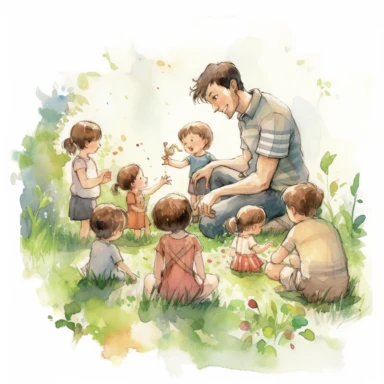 old father with brown hair playing with 7 kids in the garden. There is a 7 year old boy, two 4 year old boys, one 3 year old boy, one 4 year old girl with a dress, one 2 year old baby girl with a dress, and one 1 year old baby boy, watercolor style. background outdoor, sunset, clipart