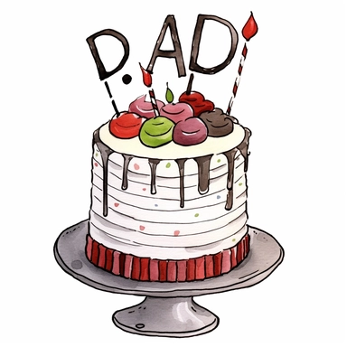 a clipart image of a birthday cake with the word dad written on, in the style of contemporary, black and white line work, light gray and maroon, watercolor clipart