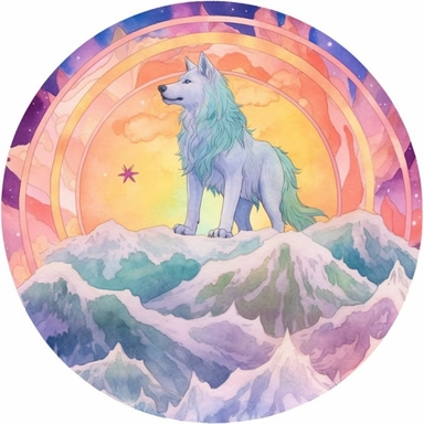 celestial wolve clipart watercolor sketch , dreamy color, anime style, ghibli , trippy , planet , stars, epic, flowers, Phantasmal Iridescent