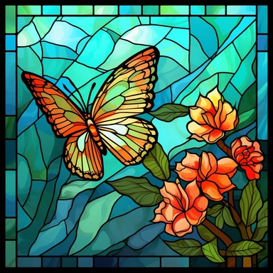 stained glass clipart of one butterfly and flowers, vincent van gogh style