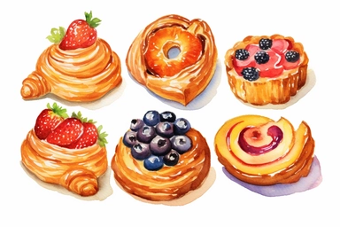 watercolor Danish pastry clipart, hd, white background, spaced out