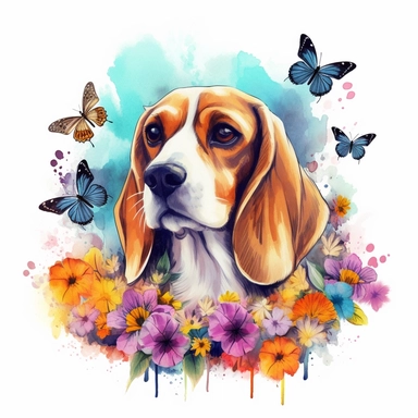 a vibrant watercolor clipart image of a dog Beagle with a white background, surrounded by colorful flowers and butterflies.