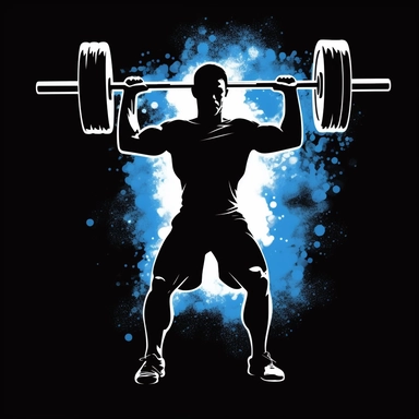 T shirt design, olympic weightlifting lifting the barbell front shoulders, font side, gym, equipment, lights, clipart